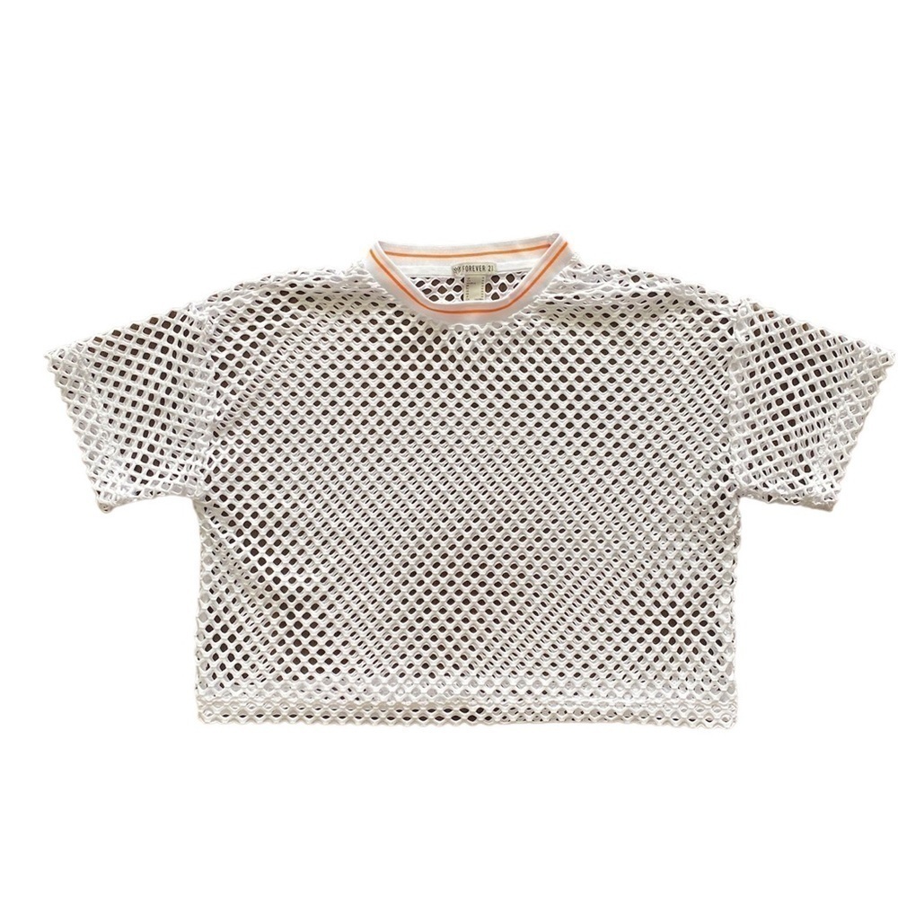2/$10 Forever 21 White Fishnet Cropped Short Sleeve Top Medium